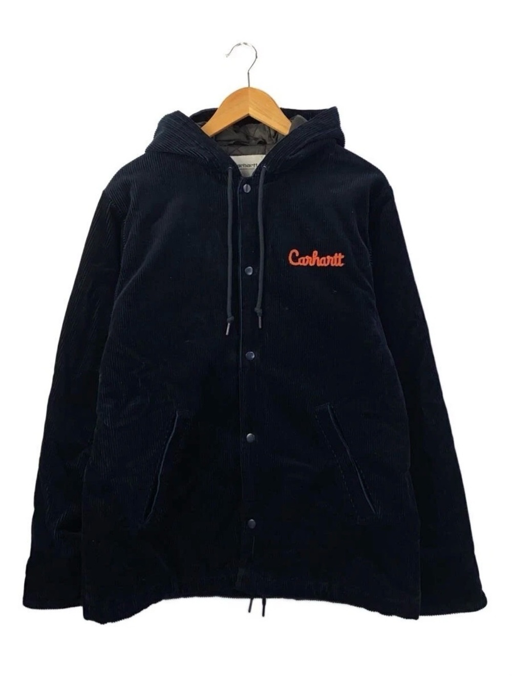 Carhartt Navy Corduroy Hooded Jacket with Orange Script Logo